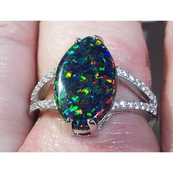 925 Sterling Silver Marquise Lab Created Green Black Opal CZ Ring - Picture 6 of 15